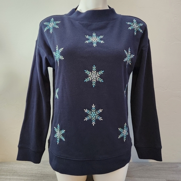 Talbots Blue Sweater Top S Engraved‎ Snowflakes Sweater Top Moc Neck - Picture 1 of 9